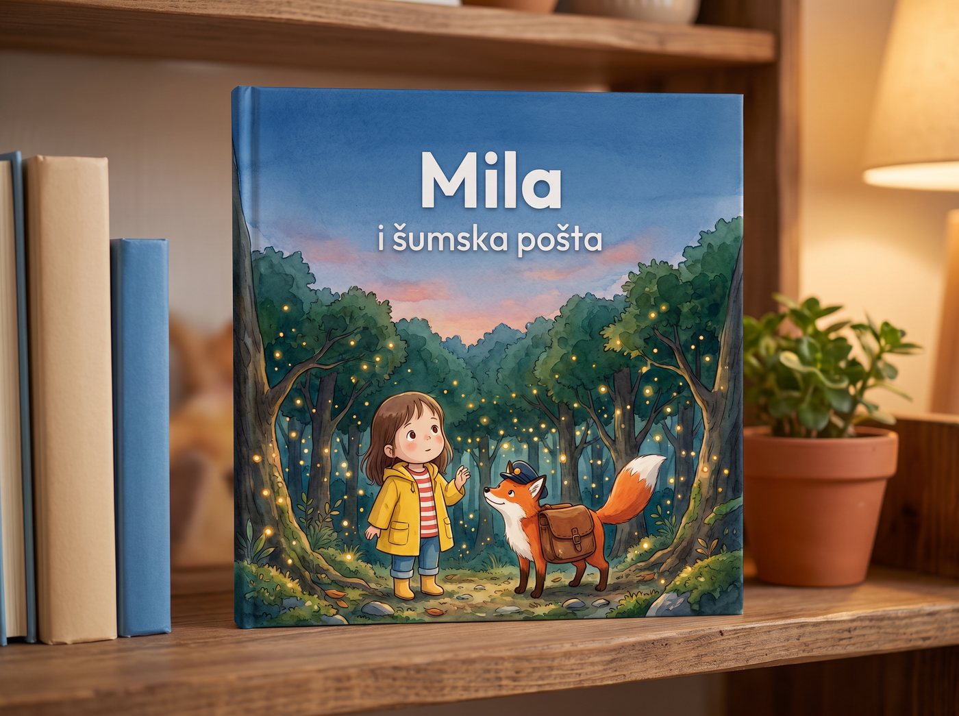 Knjiga „Mila i šumska pošta“ na drvenoj polici, između drugih knjiga